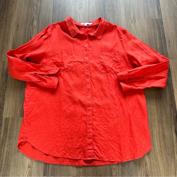 Boden Red Linen Button Down Shirt Womens 16 Long Oversized Relaxed Long Sleeve - Picture 1 of 8